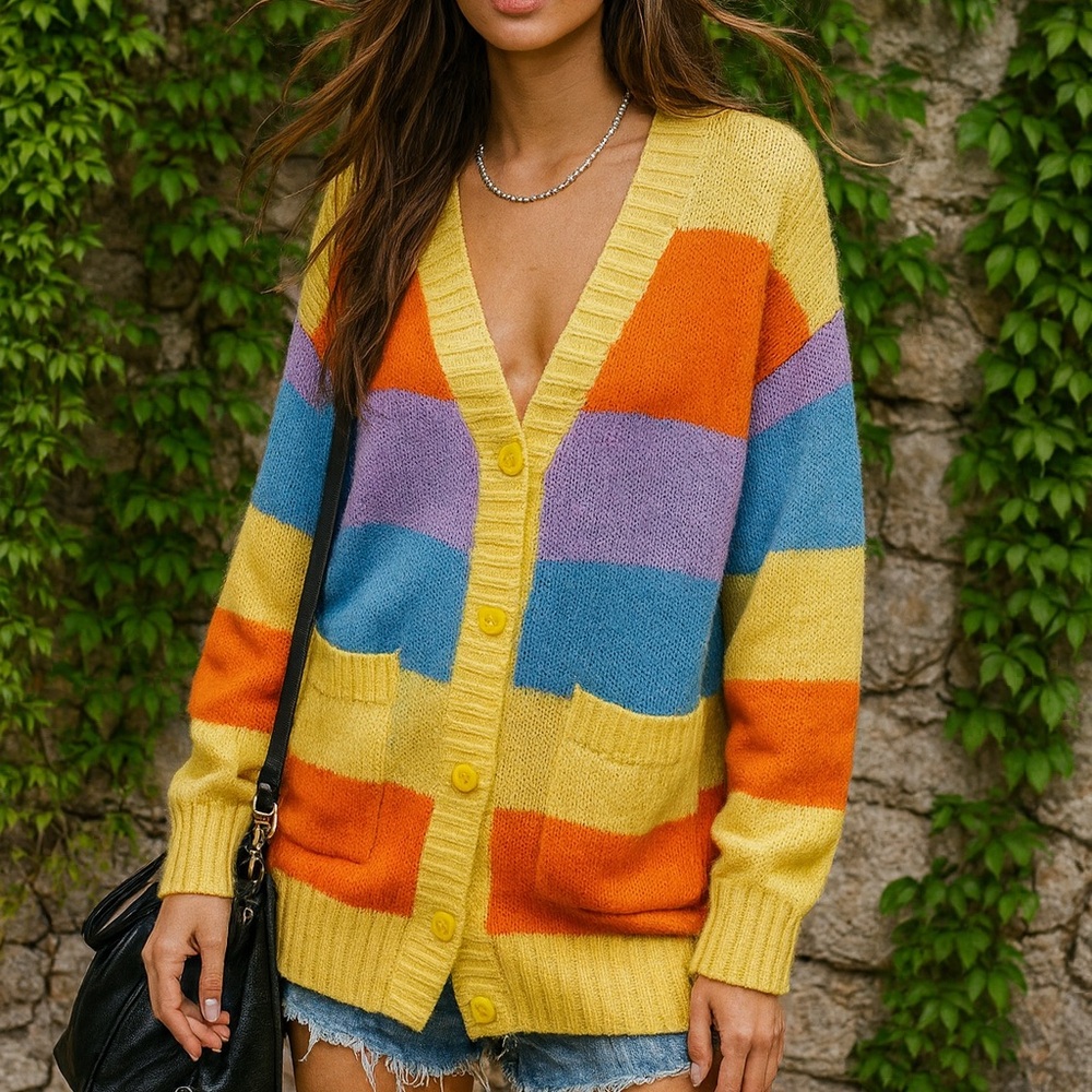 LULAROE Chunky Colorful Cozy Rainbow Striped Oversized Cardigan Sweater, M - Picture 1 of 11